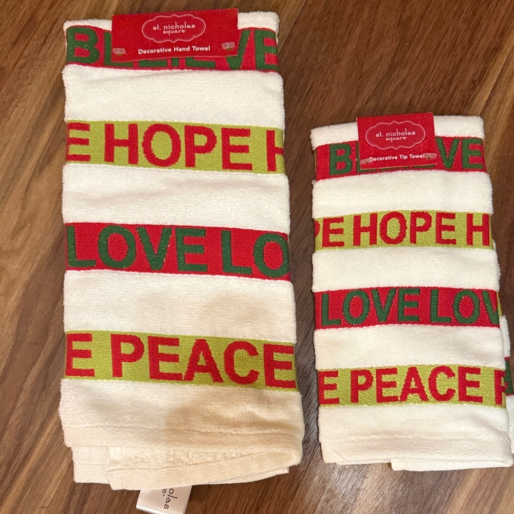St. Nicholas Square Red Green and Cream 'Believe Hope' Decorative Hand Towel